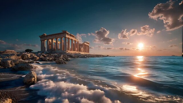 Fantasy, mysterious, wallpaper. A vivid portrayal of a serene beach scene at sunset. The main subject is the Parthenon temple, a classical Greek temple, situated on a rocky shoreline.