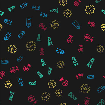 Set line Battery, Antenna, Gear and lightning and Electric plug on seamless pattern. Vector