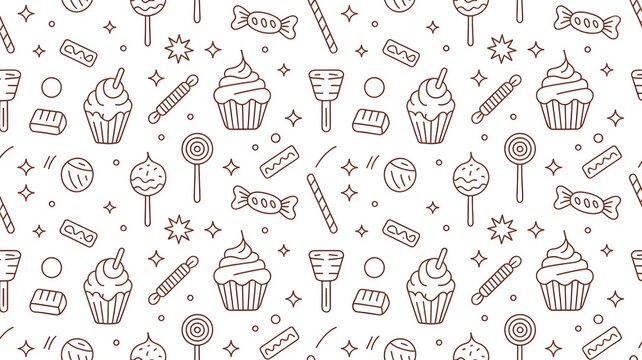Sweet candy pattern with cupcakes lollipops and wrapped chocolate treats design.