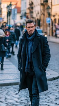 Paris France Europe lifestyle. A portrait of a man walking on a cobblestone street. He wears a dark blue overcoat, a blue scarf, and dark trousers. His hands are in his pockets.