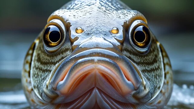 Close-up of a fish with detailed scales and large eyes swimming in clear water, showcasing its vibrant colors and unique features in a natural aquatic environment
