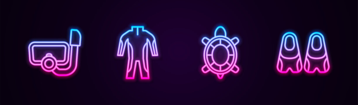 Set line Diving mask with snorkel, Wetsuit for scuba diving, Turtle and Flippers swimming. Glowing neon icon. Vector