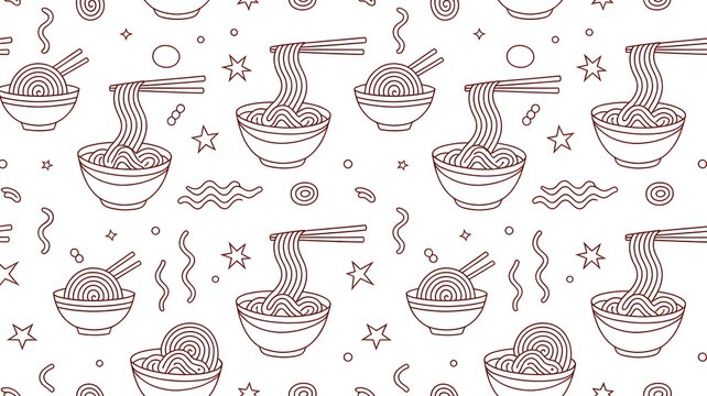 Seamless pattern with bowls of noodles and other asian cuisine background.