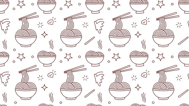 Seamless pattern with doodle ramen bowls and chopsticks cute food background.