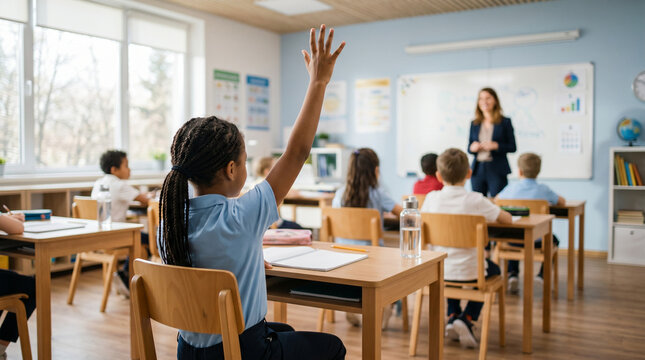 Student raising hand in classroom, teacher leading lesson, education and active learning concept