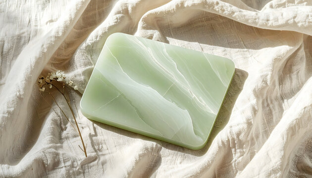 Minimalist jade green marble board podium on soft beige linen fabric background for product presentation