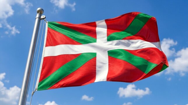 The Basque Country flag (Ikurrina) waving against a vibrant blue sky with soft white clouds, showcasing cultural heritage and regional pride.