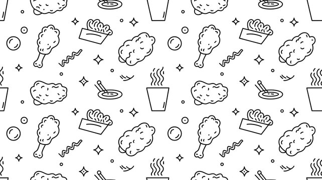 Fried chicken leg and wing line art seamless pattern on white backgroud for menu.
