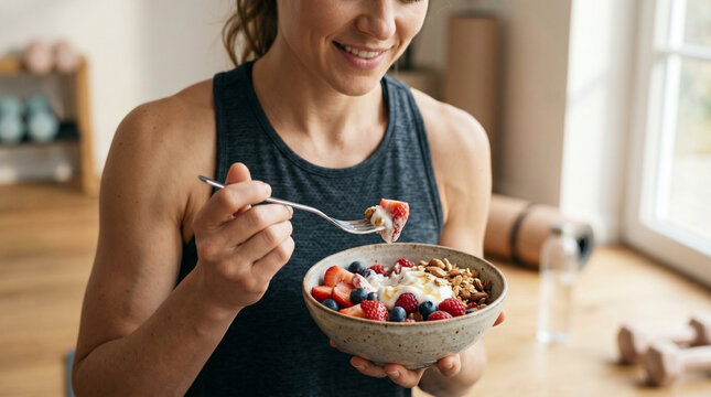 Woman eating healthy smoothie bowl with berries and granola at home, wellness and nutrition concept