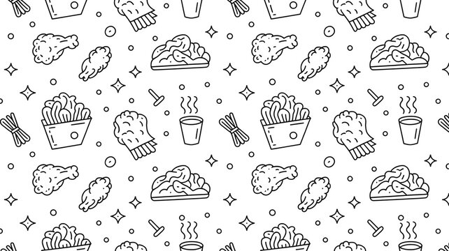 Crispy fried chicken pieces and french fries line art seamless pattern graphics.
