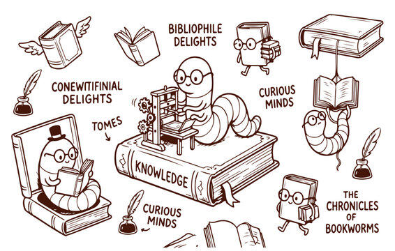 Cute bookworm characters exploring books and seeking knowledge doodle set