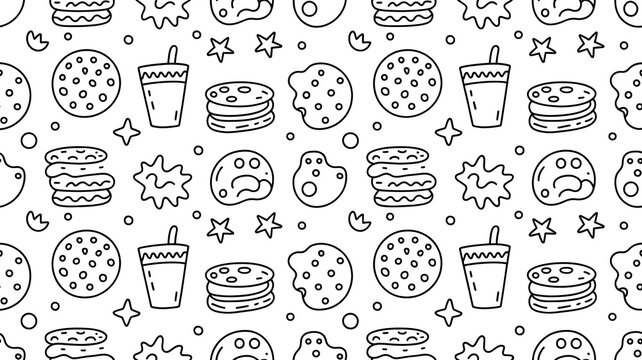 Cookies and fast food doodle seamless pattern, hand drawn snack background.