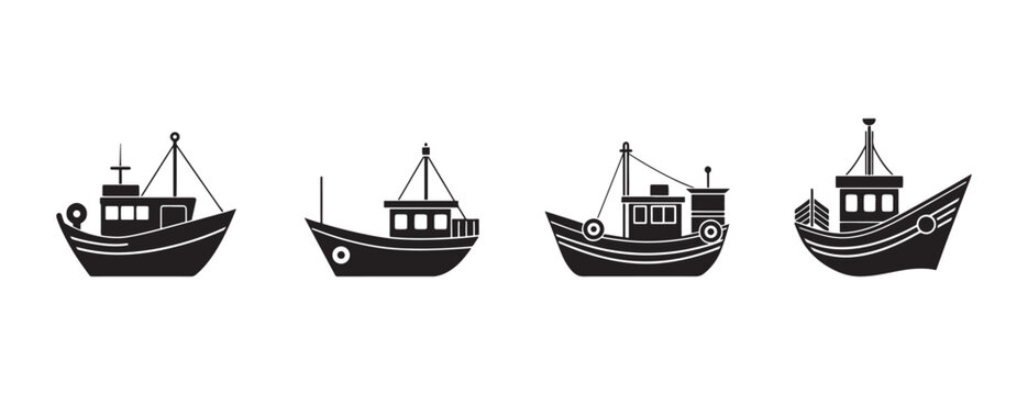  silhouette fishing boats with white lines on white background  various views of small vessels