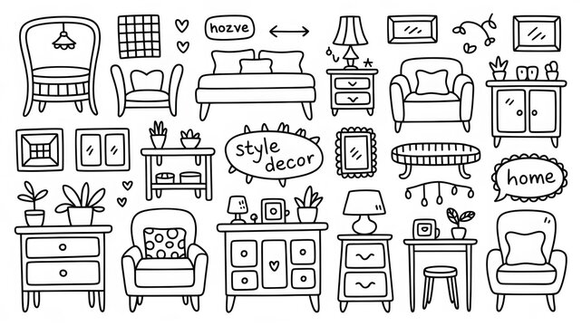 Hand drawn collection of furniture and home decor doodle elements.