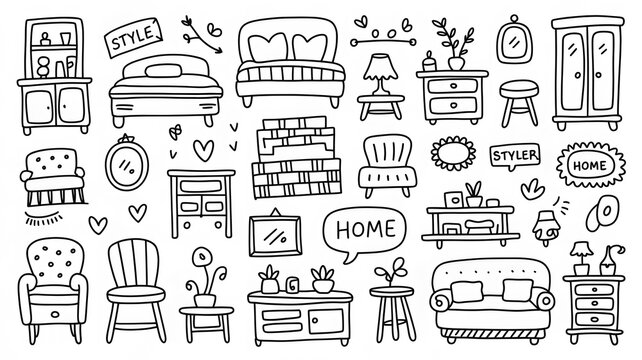 Drawn collection of furniture and home decor doodle elements.