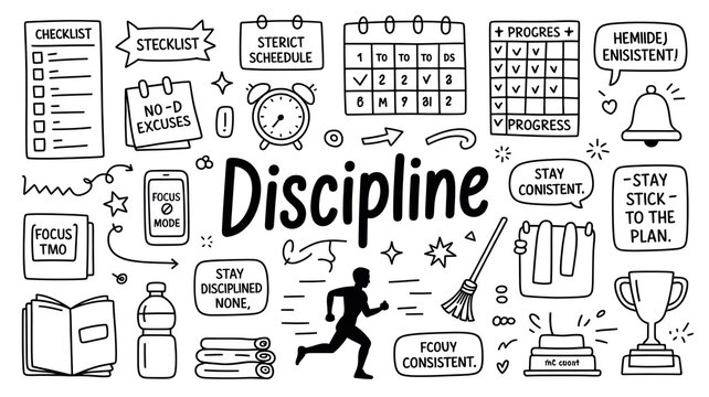 Drawn discipline concept elements like book, alarm, running man, trophy.
