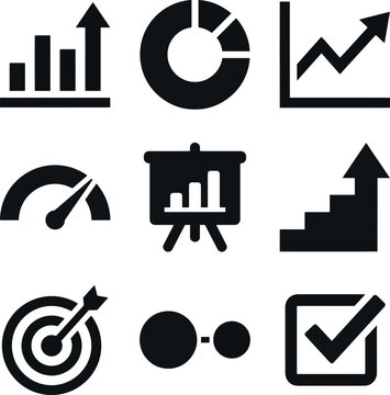 Collection of business and finance infographic icons for presentations and reports including charts, graphs, and data analysis.