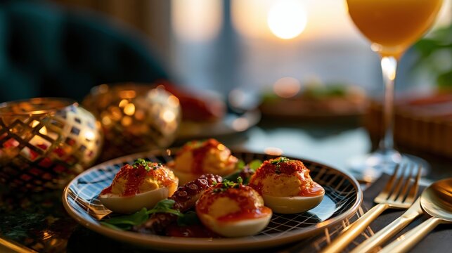 Paris France Europe lifestyle. A closeup shot of a dining table setting during the golden hour. A plate of deviled eggs is the main subject, garnished with a red sauce and sprinkled with green herbs.