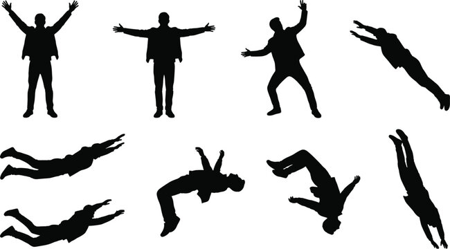 Silhouette of man in various poses standing jumping flying floating falling down and diving isolated on white backdrop