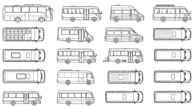 Minibus Shuttle Van Collection Top View Transportation CAD Vector Symbols