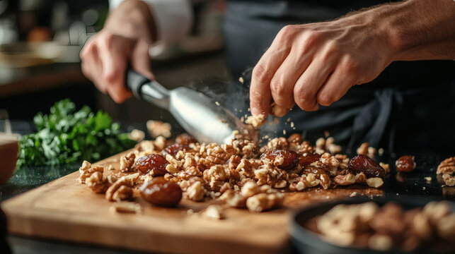 Close up of a chef stuffing dates with nuts on a wooden cutting board in a professional kitchen setting emphasizing the texture and preparation process for culinary or food-related commercial use