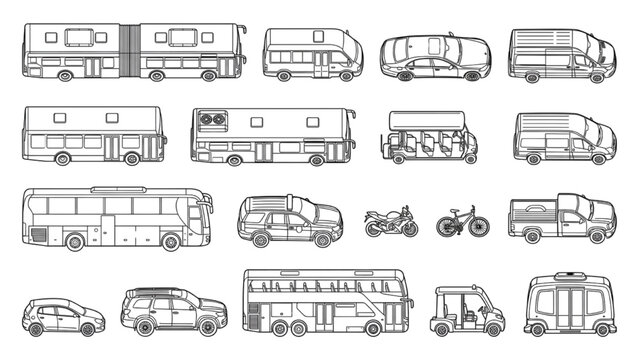 Transportation Vehicle CAD Symbols Top View Cars Vans Buses Vector Collection