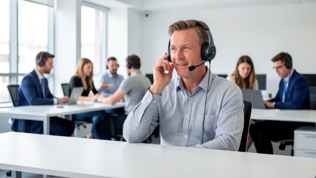 professional man wearing headset speaking at modern open plan call center desk for corporate support and sales background