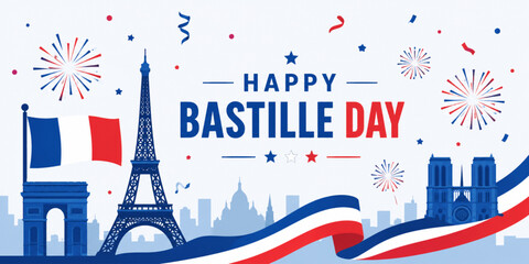 Happy Bastille Day France Celebration Banner with Eiffel Tower and Fireworks