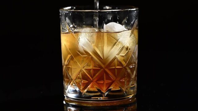 Close-up of metal spoon stirring ice in cocktail glass, mixing drink slowly, ice cubes spinning in liquid, refreshing beverage preparation, professional bartending, alcoholic or non-alcoholic cocktail