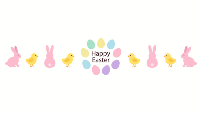 Cute pastel Happy Easter border with bunnies chicks and colorful eggs on white background