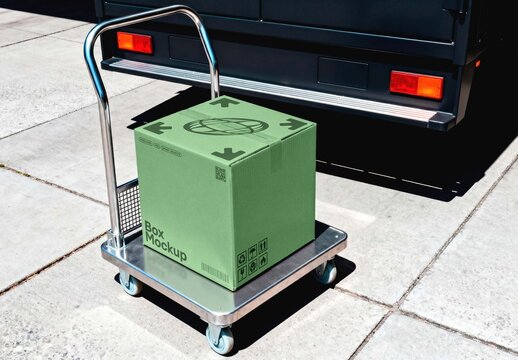 Green Cardboard Box Mockup On Cart For Packaging Branding
