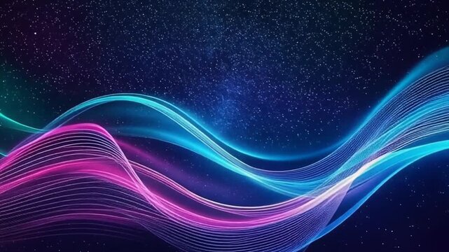 Neon teal cyan and purple ribbons flowing across abstract space with luminous atmospheric motion