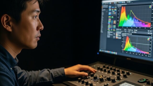 Color Grading - Asian Male Colorist Working on DaVinci Resolve with RGB Histogram Scopes on Monitor