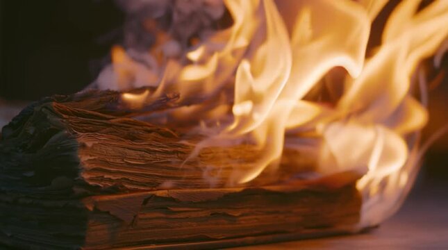 Burning old book at night in a dark room with strong flames and smoke rising up