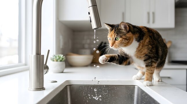 A cat stands on the kitchen sink, reaching out with its paw to play with the water droplets coming from the faucet. Sunlight enters through the window