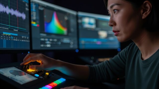 Video Editing - Asian Female Colorist Using DaVinci Resolve Control Surface with RGB Histogram on Multiple Monitors