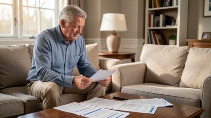 Fototapeta premium sophisticated senior man reviewing investment documents in warm home office setting emphasizing trust and future planning for finance marketing