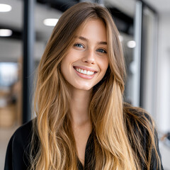 Fototapeta premium Smiling woman long hair blue eye casual black shirt indoor modern office natural light confident