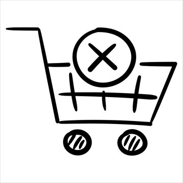 Shopping cart with a cross symbol doodle style, indicating item removal or transaction cancellation in online shopping.