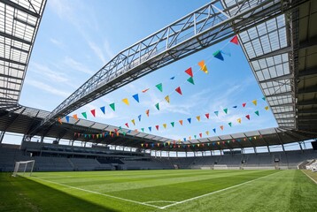 Fototapeta premium A sprawling empty professional soccer stadium with vibrant colorful triangular bunting flags hanging under a massive steel roof structure on sunny day