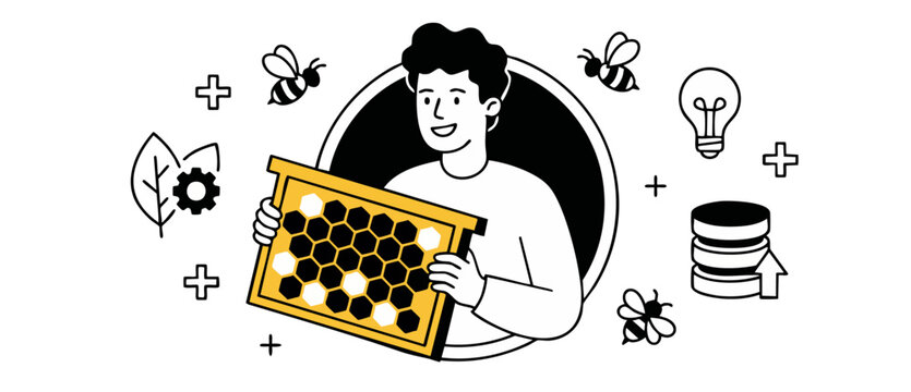 Beehive database developer holding honeycomb frame representing tech innovation and honey harvesting concept in clean minimalist line art style illustration for smart farming and tech start-up website
