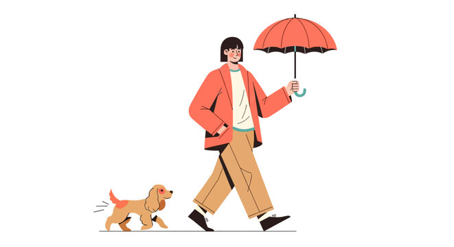 Woman walking her dog in the rain with orange umbrella.