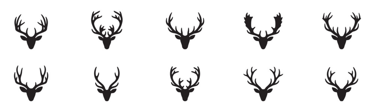 Deer head antler icon set. Stag buck wildlife animal symbol. Hunting trophy forest nature logo. Reindeer silhouette mascot sign. Vector illustration. Vector Graphic. EPS 10