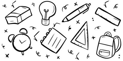 Hand drawn school supplies vector doodles set containing eraser light bulb pen ruler alarm clock notepad triangle ruler and backpack for back to school design elements © Alvian
