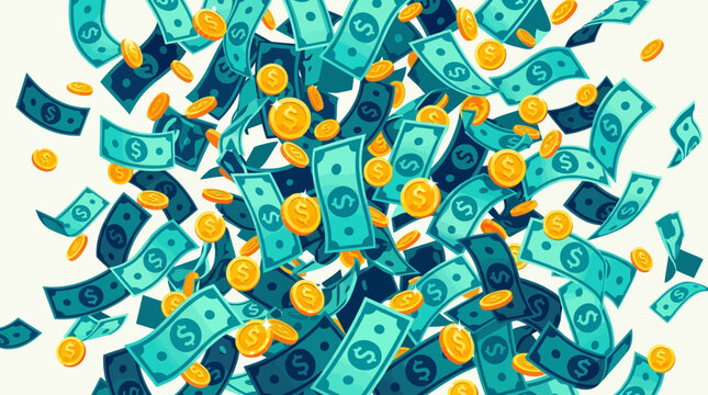 Financial Success Concept with falling teal dollar banknotes and golden coins in a dynamic cartoon illustration, ideal for wealth management ads and jackpot celebrations.