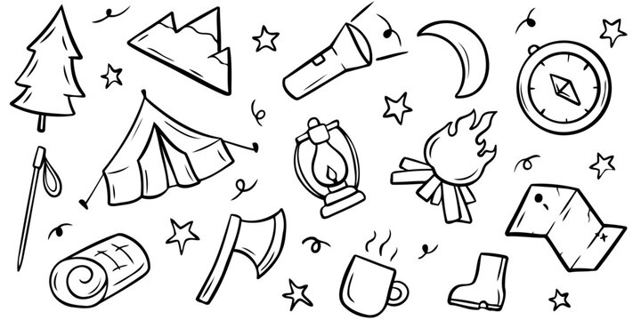 Hand drawn camping and outdoor adventure vector doodles set containing tent mountain tree flashlight compass bonfire map lantern axe mat mug and boot for travel design elements