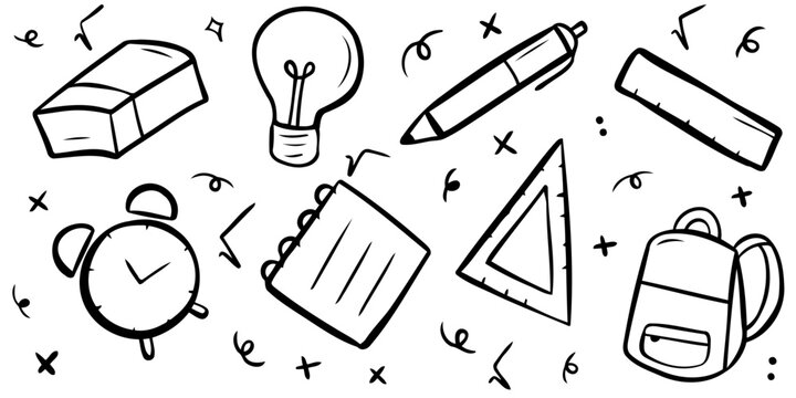 Hand drawn school supplies vector doodles set containing eraser light bulb pen ruler alarm clock notepad triangle ruler and backpack for back to school design elements