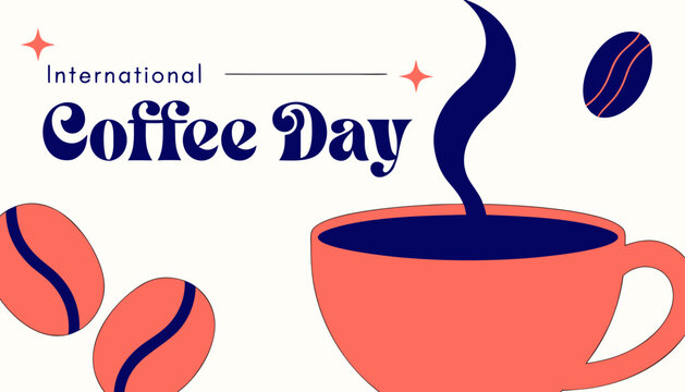 International Coffee Day, coffee cup, coffee beans, vector illustration, orange and blue