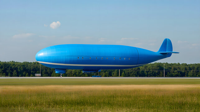 Modern blue airship or dirigible parked on an airport runway against a clear blue sky