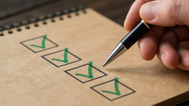 Hand checking task list on notebook with productivity planning concept